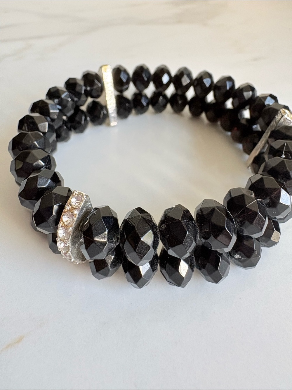 Avon Black Faceted Bead Double Strand Stretch Bracelet Rhinestone Accents